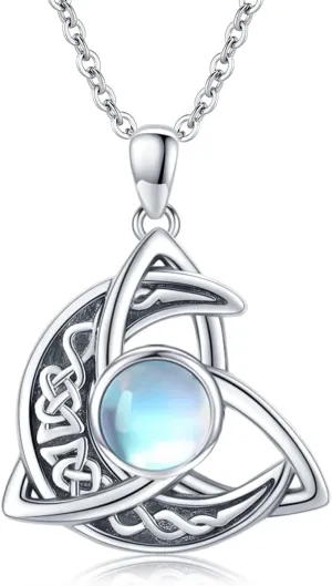 CHENGHONG Celtic Moon Necklace for Women 925 Sterling Silver Celtic Knot Moonstone Pendant Necklace Crescent Irish Necklaces Celtics Jewelry Gift for Women Men