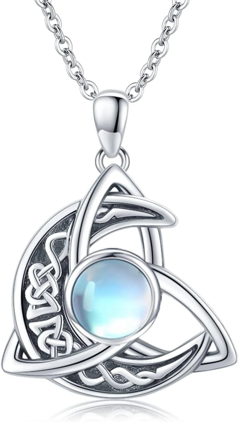 CHENGHONG Celtic Moon Necklace for Women 925 Sterling Silver Celtic Knot Moonstone Pendant Necklace Crescent Irish Necklaces Celtics Jewelry Gift for Women Men