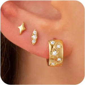 CHESKY Gold Hoop Earring Set for Women, 14K Gold Plated Chunky Simple Cuff Earrings Cubic Zirconia Star Hoop Earring Sets for Multiple Piercing Hypoallergenic Dainty Stud earrings Stacks Jewelry Gifts