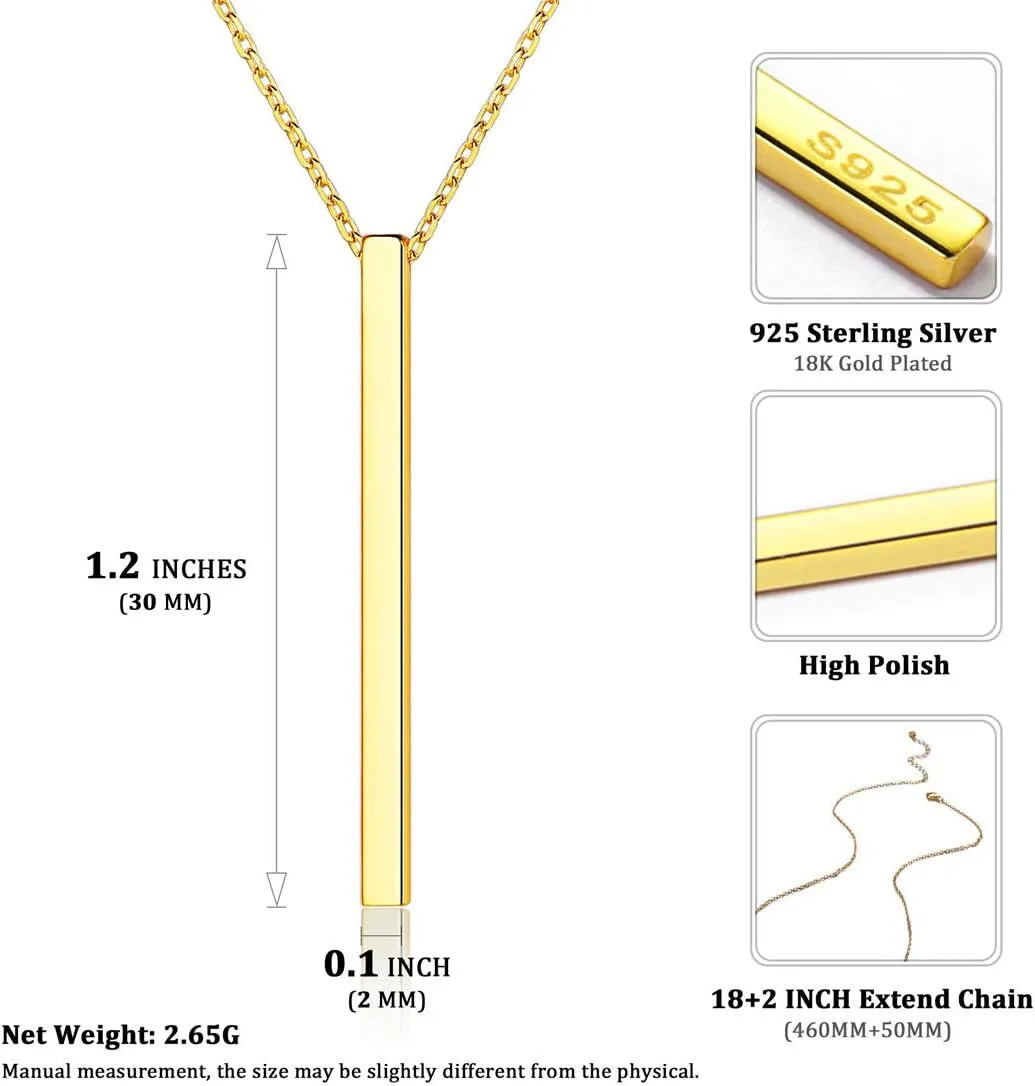 ChicSilver Customizable Vertical Bar Pendant Necklace 925 Sterling Silver Y Necklace Simple Fashion Jewelry Gifts for Women(with Gift Box)