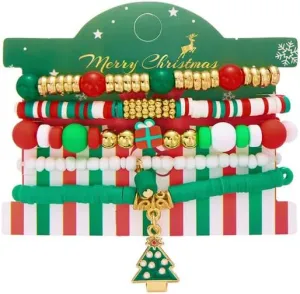Christmas Layered Elastic Bracelet 5 Piece Set for Women Stackable Red Green Clay Beaded Chain Tree Jingle Bell Charm Heishi Surfer Stretch Bracelets Friendship Xmas Festive Decor Jewelry Party Holiday Gifts