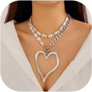 Chunky Gold Heart Necklace for Women,Statement Charm Love Pearl Choker Necklaces Punk Exaggerated Large Hollow Heart Pendant Necklace Dainty Y2k Jewelry