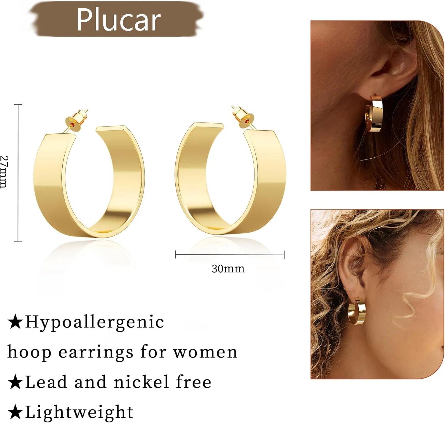 Chunky Gold Hoop Earrings - 14K Gold Plated, Trendy Hypoallergenic Women's Earrings