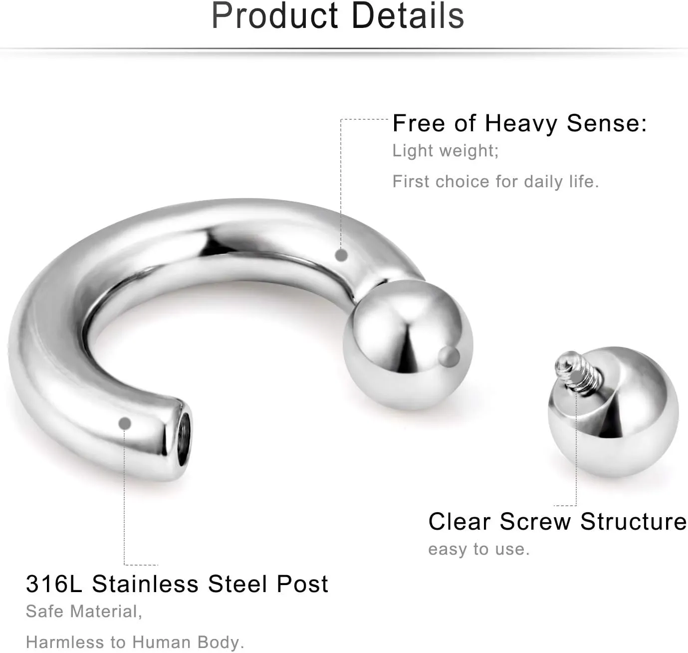 Cisyozi 10G 8G 6G 4G 2G 0G 00G Septum Rings Ear Gauges Earrings Hoops 316L Surgical Steel PA Ring Internally Threaded Horseshoe Spring Action Captive Bead Ring CBR Body Piercing Jewelry for Women Men