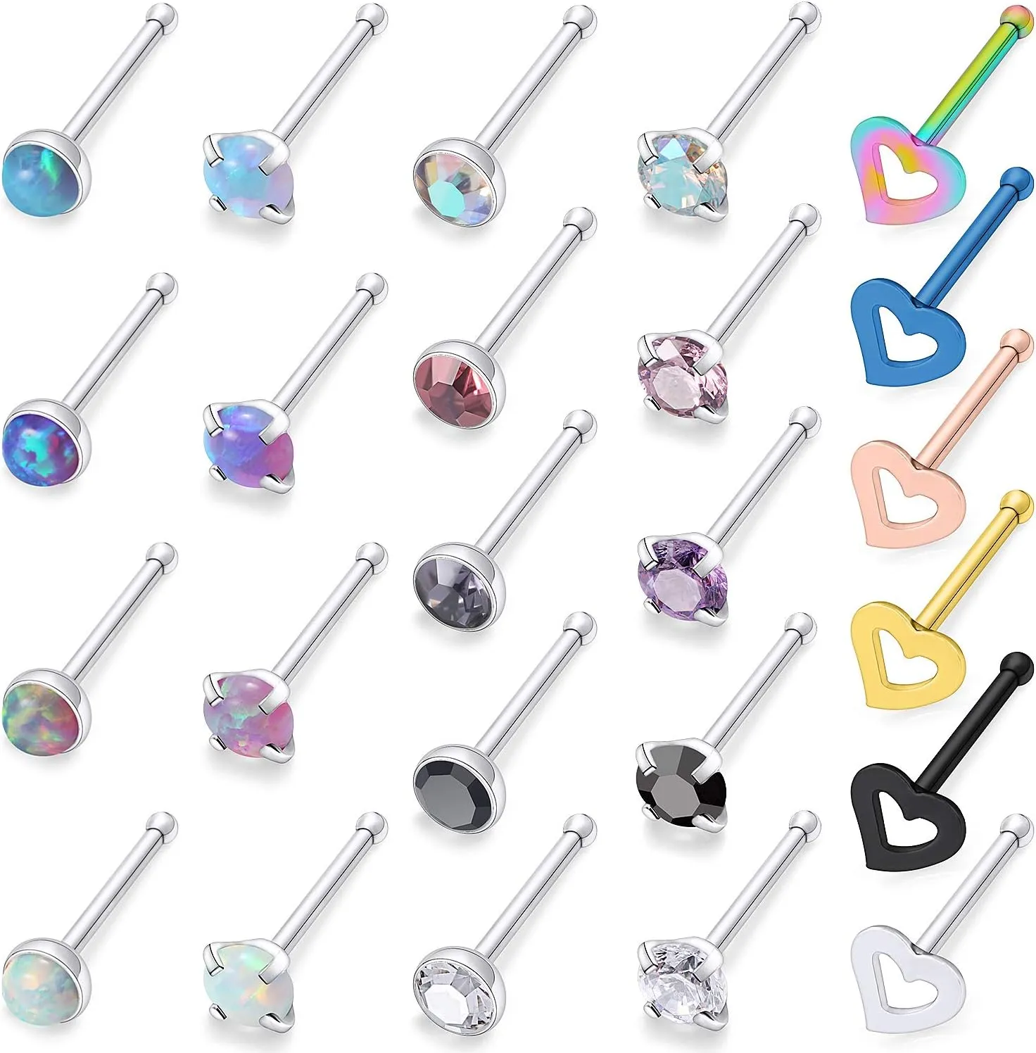 Cisyozi 18G 20G Hypoallergenic Nose Rings Studs Surgical Steel Opal Heart Star Nose Stud Cubic Zirconia Nose Piercing Jewelry for Women Men Straight L Shaped Screw Style