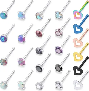 Cisyozi 18G 20G Hypoallergenic Nose Rings Studs Surgical Steel Opal Heart Star Nose Stud Cubic Zirconia Nose Piercing Jewelry for Women Men Straight L Shaped Screw Style