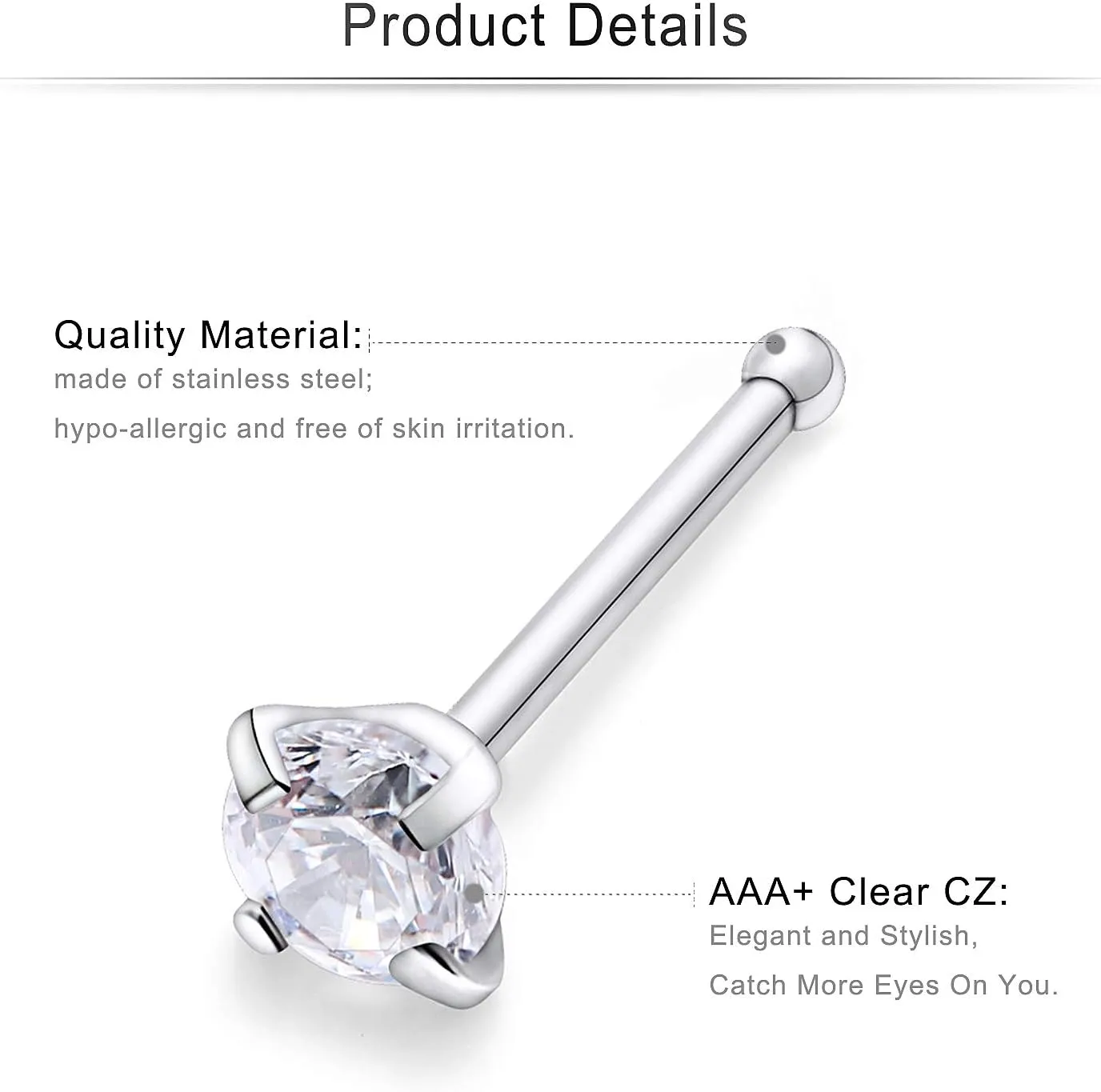 Cisyozi 18G 20G Hypoallergenic Nose Rings Studs Surgical Steel Opal Heart Star Nose Stud Cubic Zirconia Nose Piercing Jewelry for Women Men Straight L Shaped Screw Style