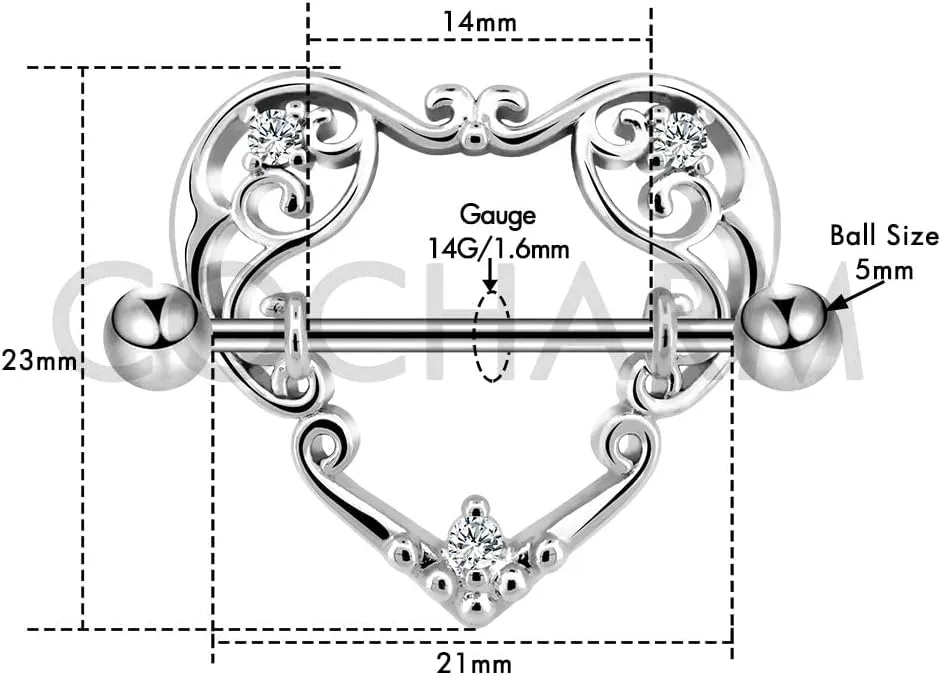 COCHARM 14G Heart Nipple Rings for Women Surgical Steel CZ Nipple Piercings Nipple Barbells Nipple Bars Gold Silver Rose Gold