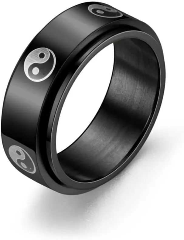 COLORFUL BLING 2pcs Stainless Steel Love Heart Spinner Band Ring Set Taiji Yin Yang 6/8mm Wide Anxiety Stress Relieving Fidget for Women Men Couple Wedding Promise Jewelry