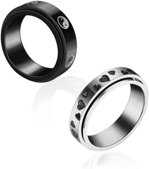 COLORFUL BLING 2pcs Stainless Steel Love Heart Spinner Band Ring Set Taiji Yin Yang 6/8mm Wide Anxiety Stress Relieving Fidget for Women Men Couple Wedding Promise Jewelry