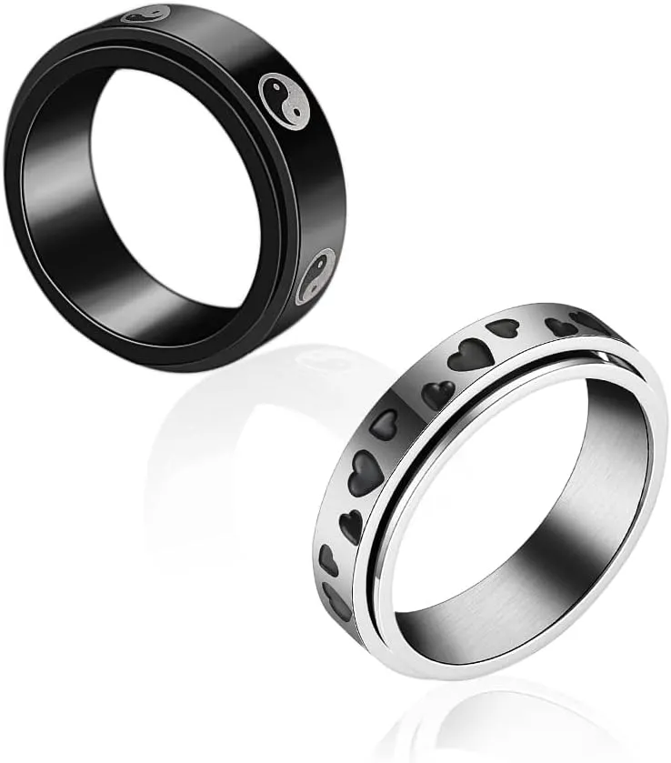 COLORFUL BLING 2pcs Stainless Steel Love Heart Spinner Band Ring Set Taiji Yin Yang 6/8mm Wide Anxiety Stress Relieving Fidget for Women Men Couple Wedding Promise Jewelry