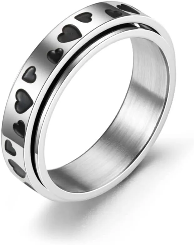COLORFUL BLING 2pcs Stainless Steel Love Heart Spinner Band Ring Set Taiji Yin Yang 6/8mm Wide Anxiety Stress Relieving Fidget for Women Men Couple Wedding Promise Jewelry