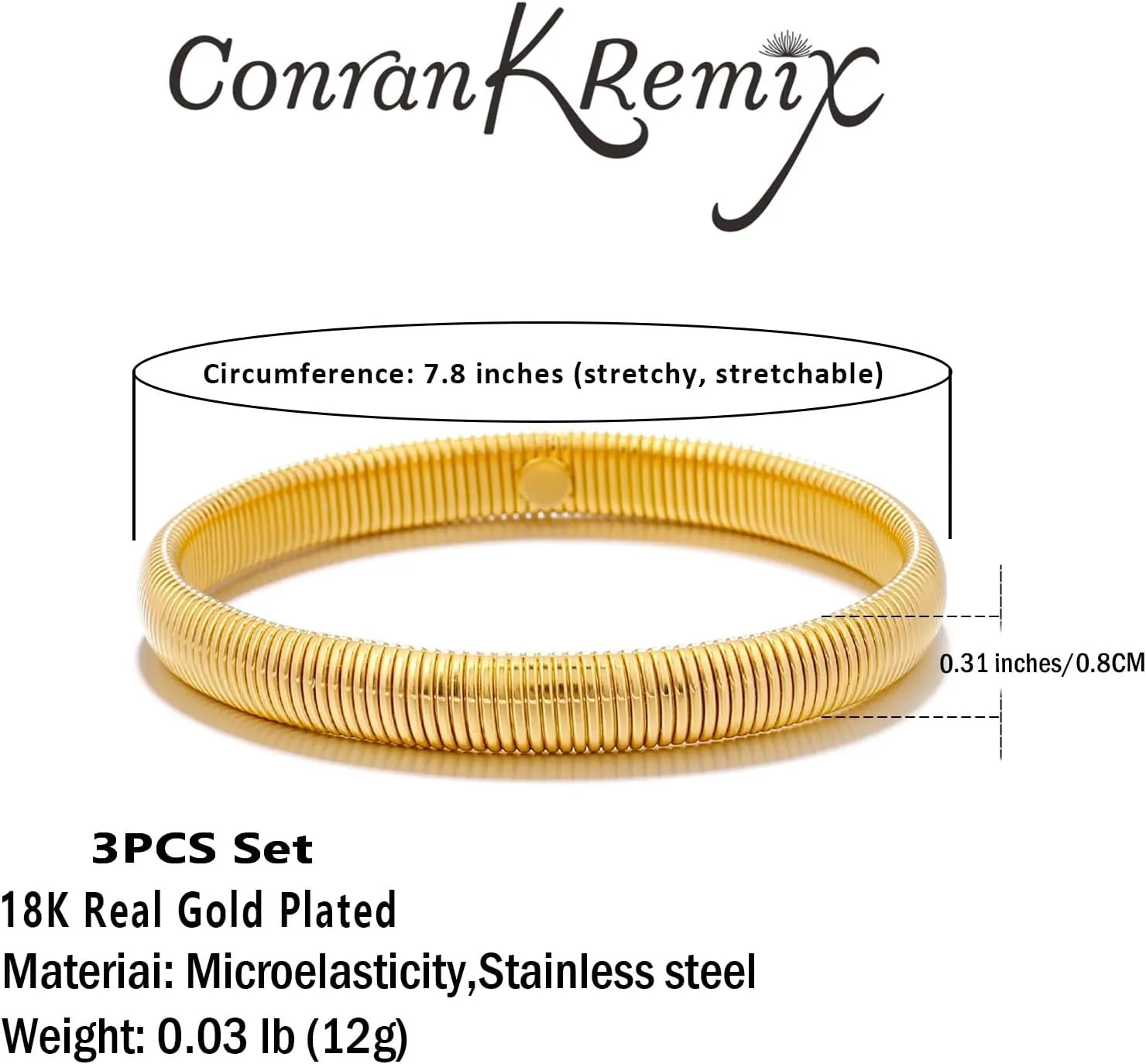 CONRAN KREMIX Gold Chunky Bangle Waterproof Bracelets for Women 14K Real Gold Filled Stainless Steel Bracelet Non Tarnish Trendy Jewelry
