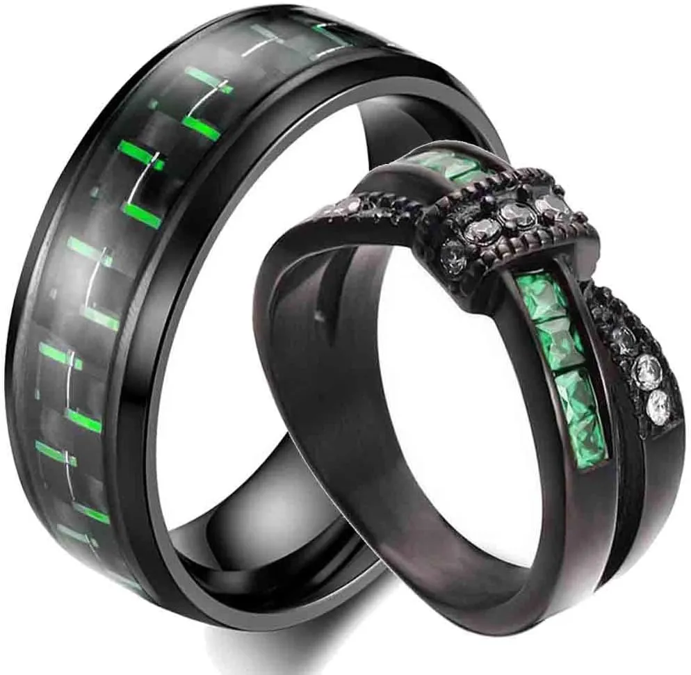 Couple Rings Black Gold Plated Green Cz Womens Wedding Ring 8mm Titanium Steel Mens Wedding Band (Please Buy 2 Rings for 1 Pair)