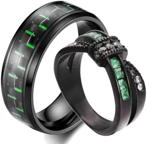 Couple Rings Black Gold Plated Green Cz Womens Wedding Ring 8mm Titanium Steel Mens Wedding Band (Please Buy 2 Rings for 1 Pair)