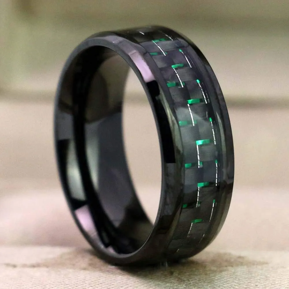 Couple Rings Black Gold Plated Green Cz Womens Wedding Ring 8mm Titanium Steel Mens Wedding Band (Please Buy 2 Rings for 1 Pair)