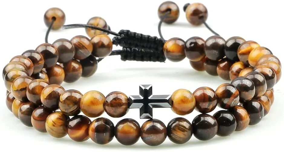 Couples Distance Beads Bracelet Fashion Hematite Cross Tiger Eye Stone Bracelets Handmade Yoga Prayer Jewelry 7652G (10)