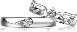 Couples Promise Rings Engraved, His and Her Wedding Rings Sterling Silver Adjustable Angel Wing Ring with Cubic Zirconia