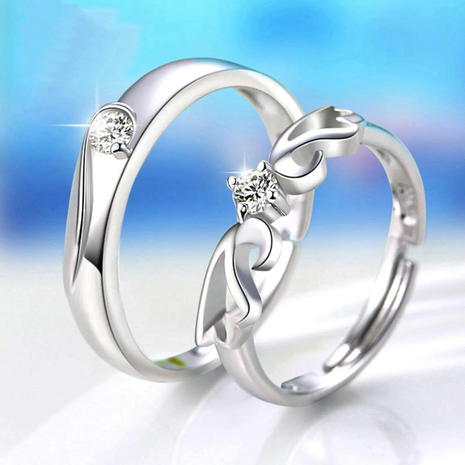 Couples Promise Rings Engraved, His and Her Wedding Rings Sterling Silver Adjustable Angel Wing Ring with Cubic Zirconia