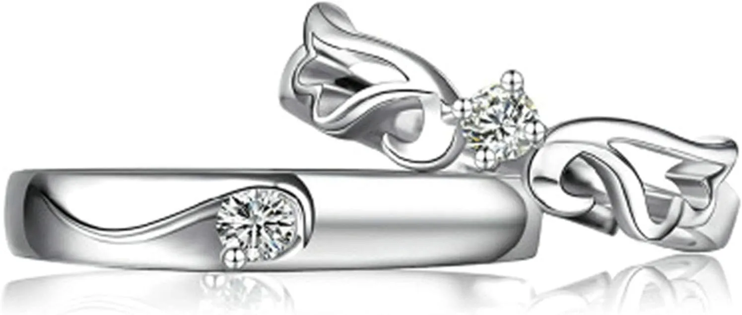 Couples Promise Rings Engraved, His and Her Wedding Rings Sterling Silver Adjustable Angel Wing Ring with Cubic Zirconia