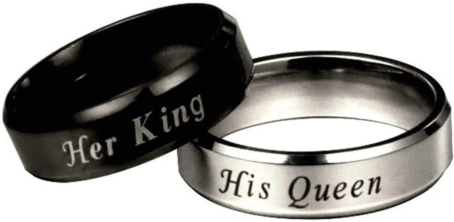 Couples Rings for Him and Her, Couple Rings Set Promise Rings Stainless Steel Engraved Her King and His Queen Silver Black Rings for Men Women 2 Pcs Size 6-12