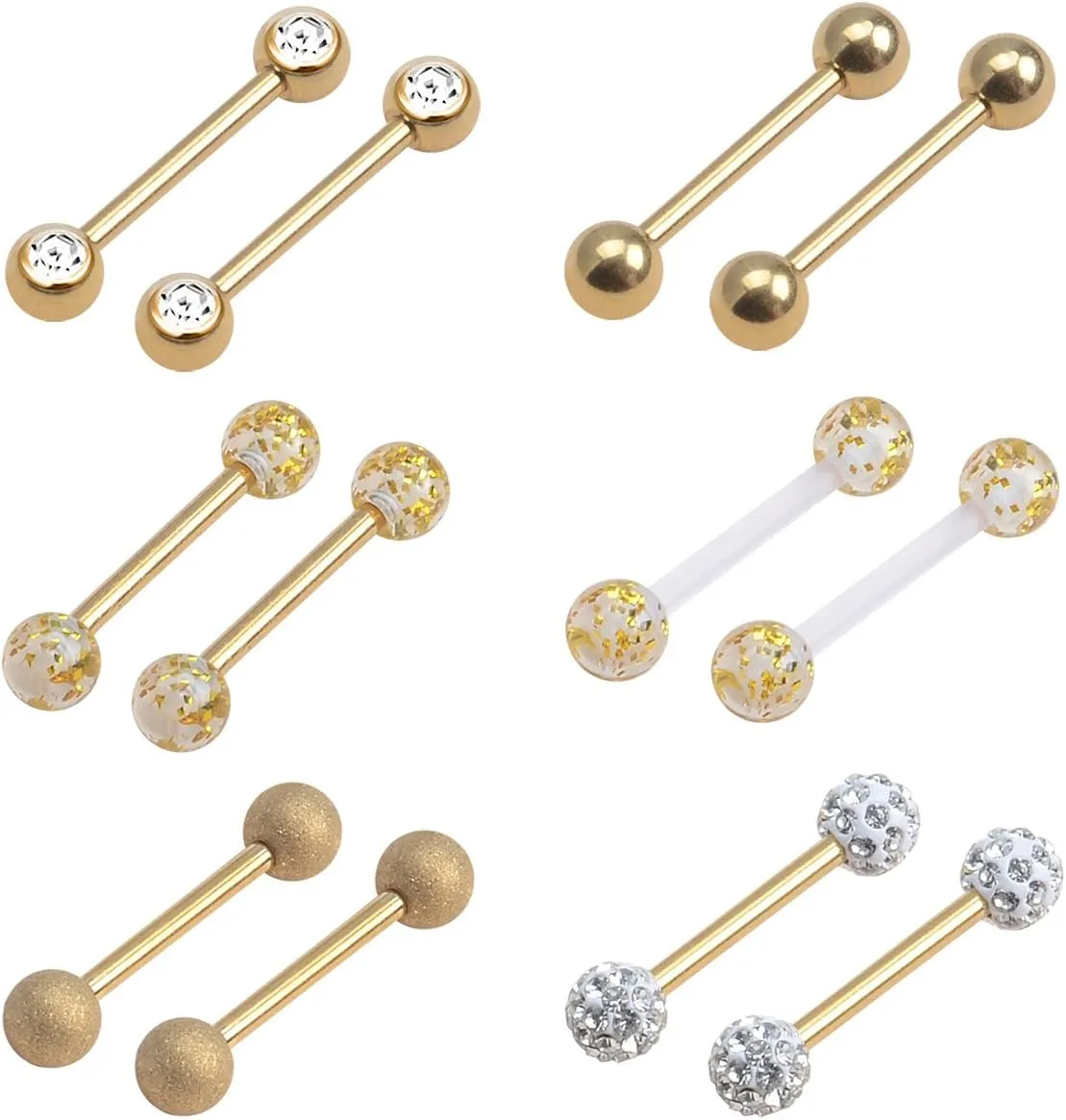 CrazyPiercing 12Pcs Stainless Steel Tongue Ring Barbell Retainer Body Piercing Jewelry 14G