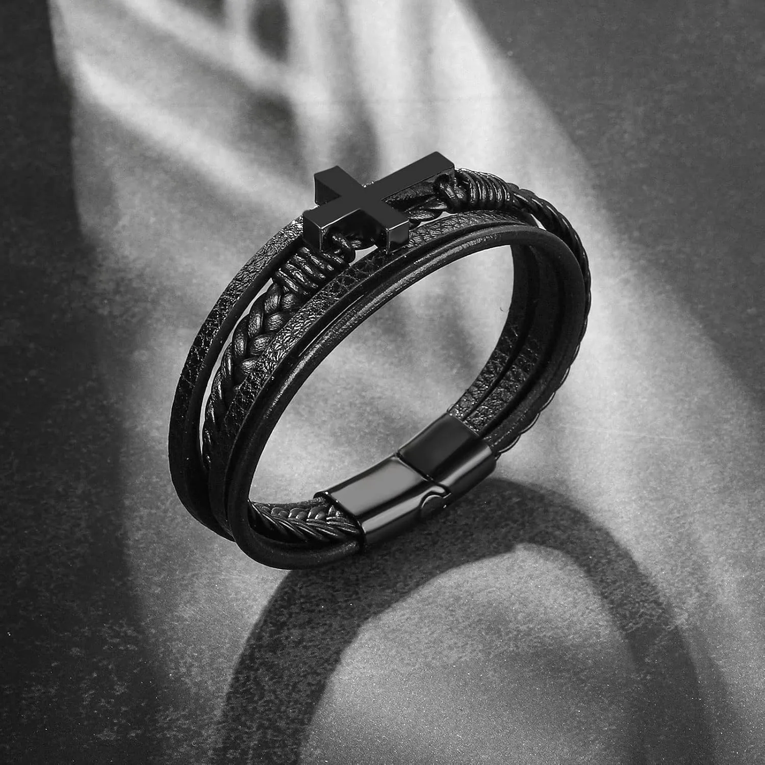 Cross Bracelet for Men Father Dad Husband Son Brother Boyfriend Father's Day Birthday Graduation Anniversary Christmas Christian Religious Jesus Easter Catholic Black Leather Bracelet Gift for Man