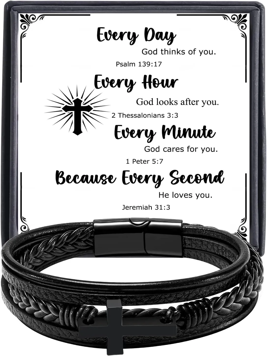 Cross Bracelet for Men Father Dad Husband Son Brother Boyfriend Father's Day Birthday Graduation Anniversary Christmas Christian Religious Jesus Easter Catholic Black Leather Bracelet Gift for Man