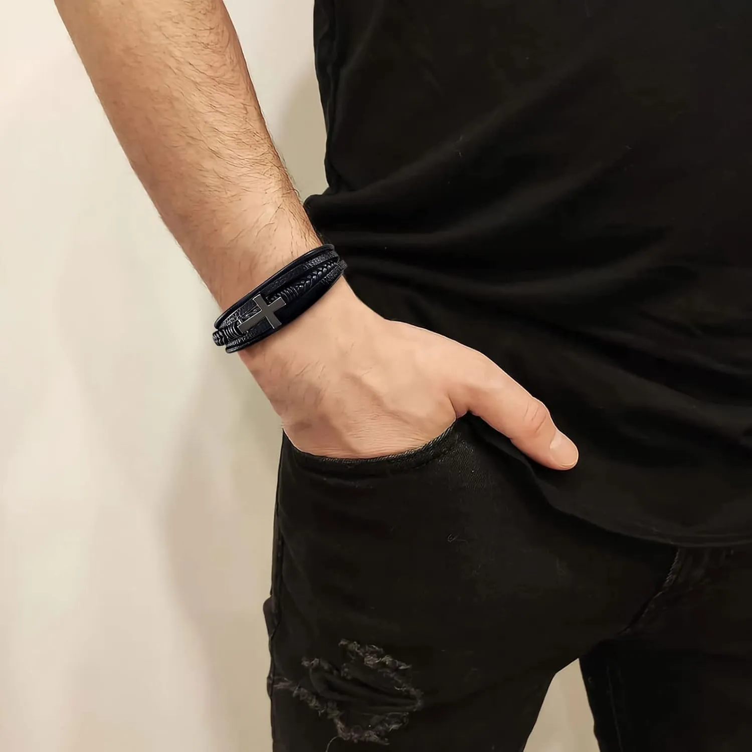 Cross Bracelet for Men Father Dad Husband Son Brother Boyfriend Father's Day Birthday Graduation Anniversary Christmas Christian Religious Jesus Easter Catholic Black Leather Bracelet Gift for Man