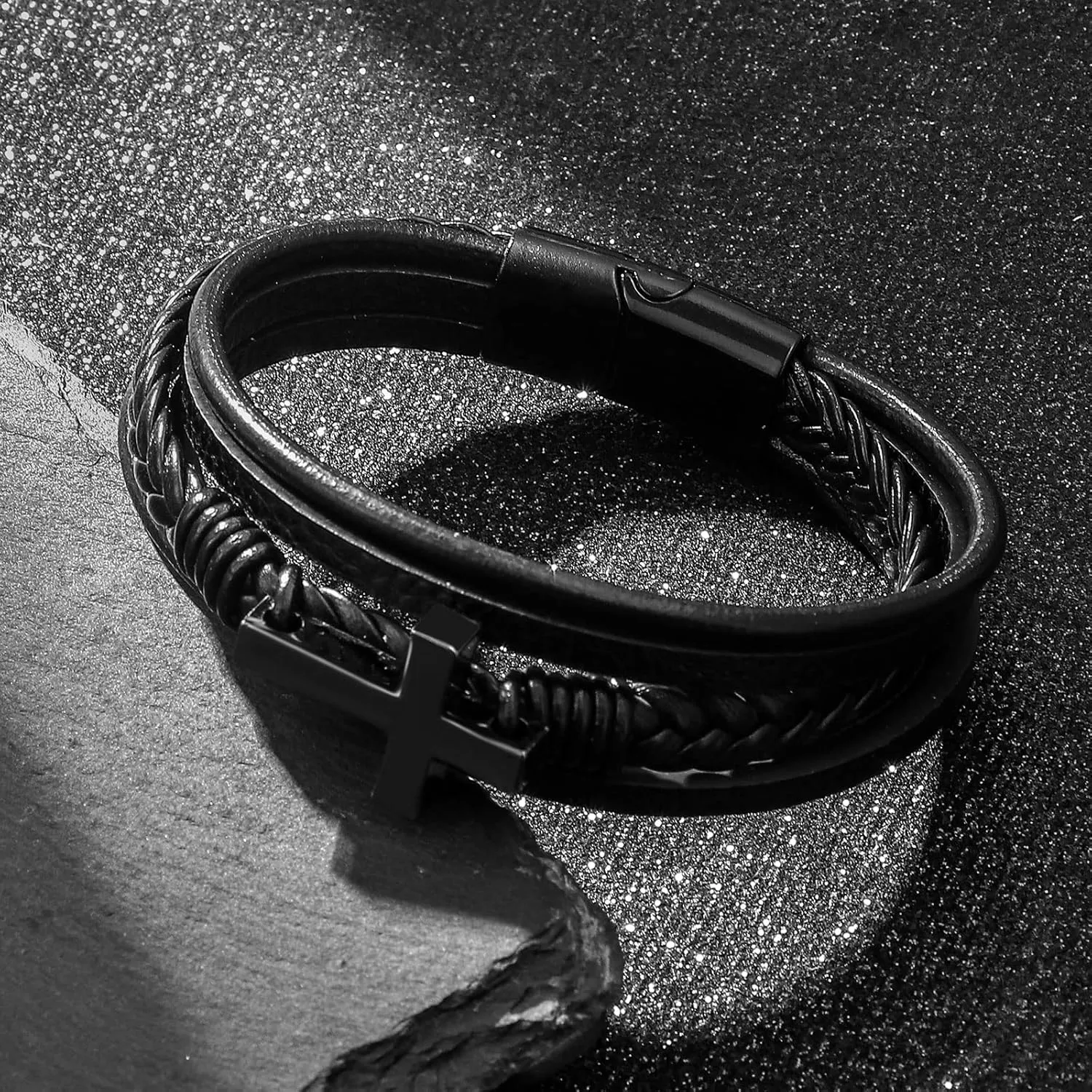 Cross Bracelet for Men Father Dad Husband Son Brother Boyfriend Father's Day Birthday Graduation Anniversary Christmas Christian Religious Jesus Easter Catholic Black Leather Bracelet Gift for Man