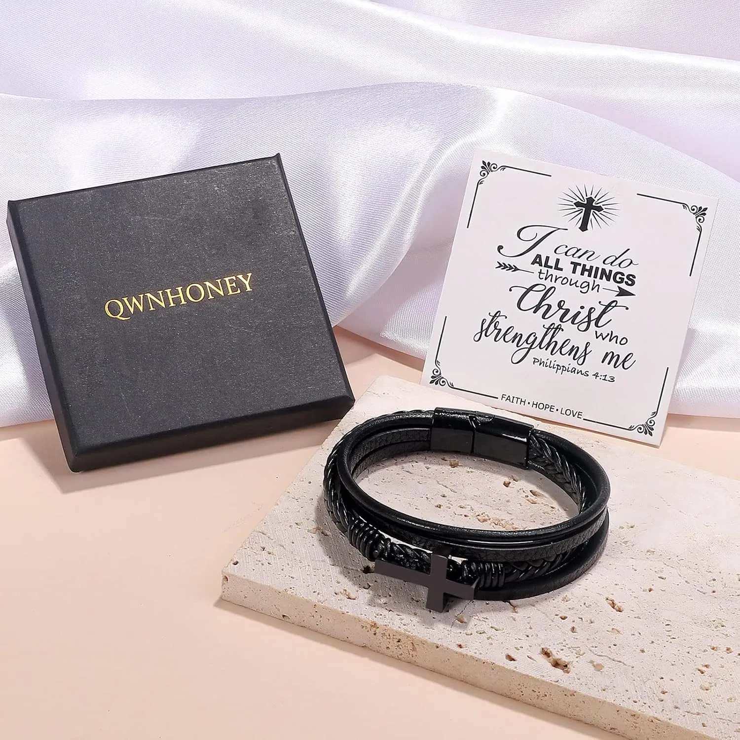 Cross Bracelet for Men Father Dad Husband Son Brother Boyfriend Father's Day Birthday Graduation Anniversary Christmas Christian Religious Jesus Easter Catholic Black Leather Bracelet Gift for Man