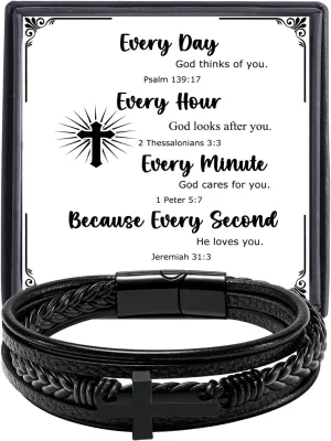 Cross Bracelet for Men Father Dad Husband Son Brother Boyfriend Father's Day Birthday Graduation Anniversary Christmas Christian Religious Jesus Easter Catholic Black Leather Bracelet Gift for Man