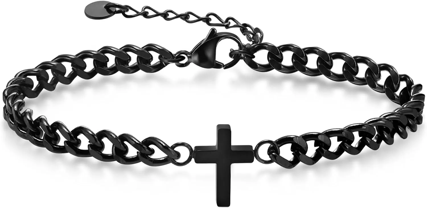 Cross Chain Bracelets for Men Women, Silver/Black Stainless Steel Cross Charms Men's Bracelet, Faith Religious Easter Catholic Christian God Jesus Communion Baptism Jewelry Gift Mens Link Bracelet