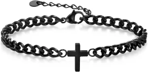 Cross Chain Bracelets for Men Women, Silver/Black Stainless Steel Cross Charms Men's Bracelet, Faith Religious Easter Catholic Christian God Jesus Communion Baptism Jewelry Gift Mens Link Bracelet