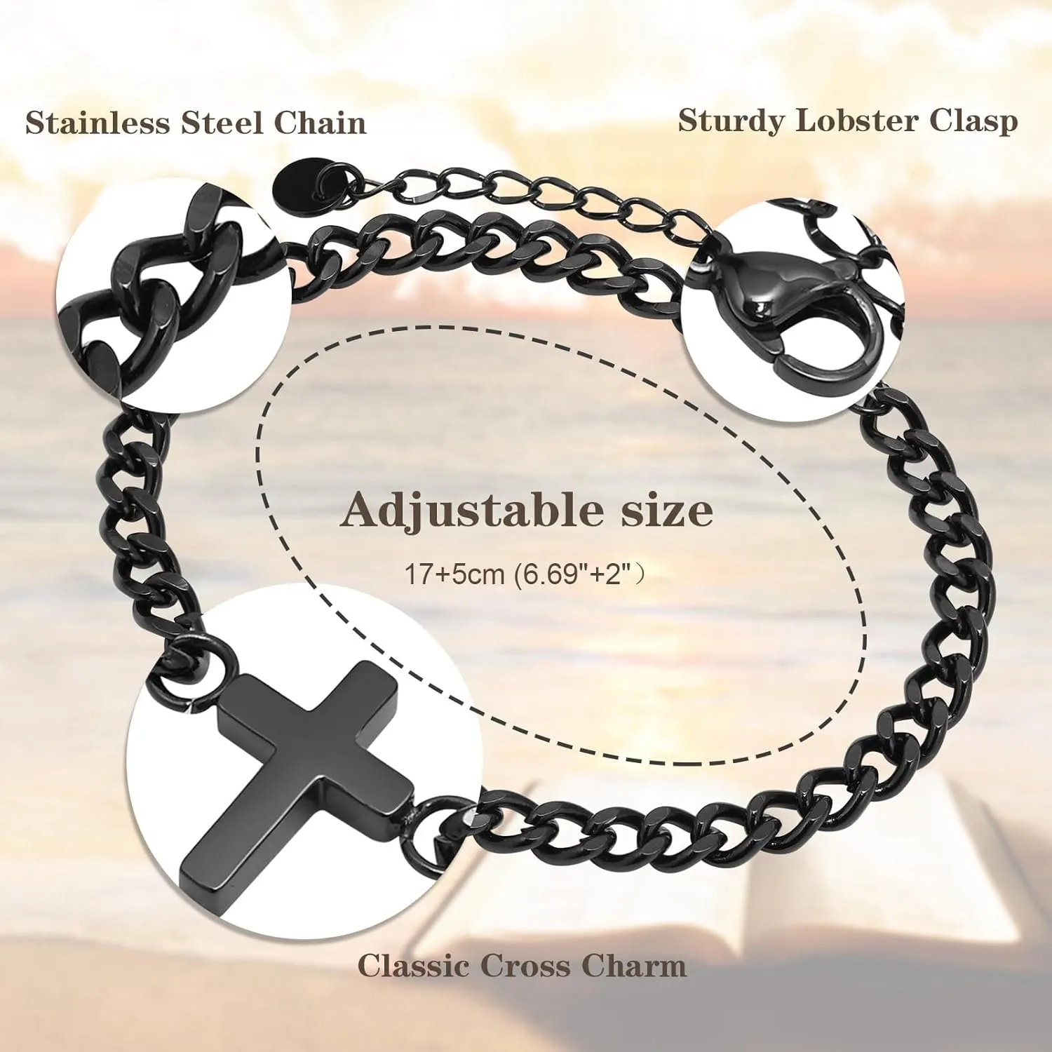 Cross Chain Bracelets for Men Women, Silver/Black Stainless Steel Cross Charms Men's Bracelet, Faith Religious Easter Catholic Christian God Jesus Communion Baptism Jewelry Gift Mens Link Bracelet