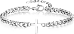 Cross Chain Bracelets for Men Women, Silver/Black Stainless Steel Cross Charms Men's Bracelet, Faith Religious Easter Catholic Christian God Jesus Communion Baptism Jewelry Gift Mens Link Bracelet