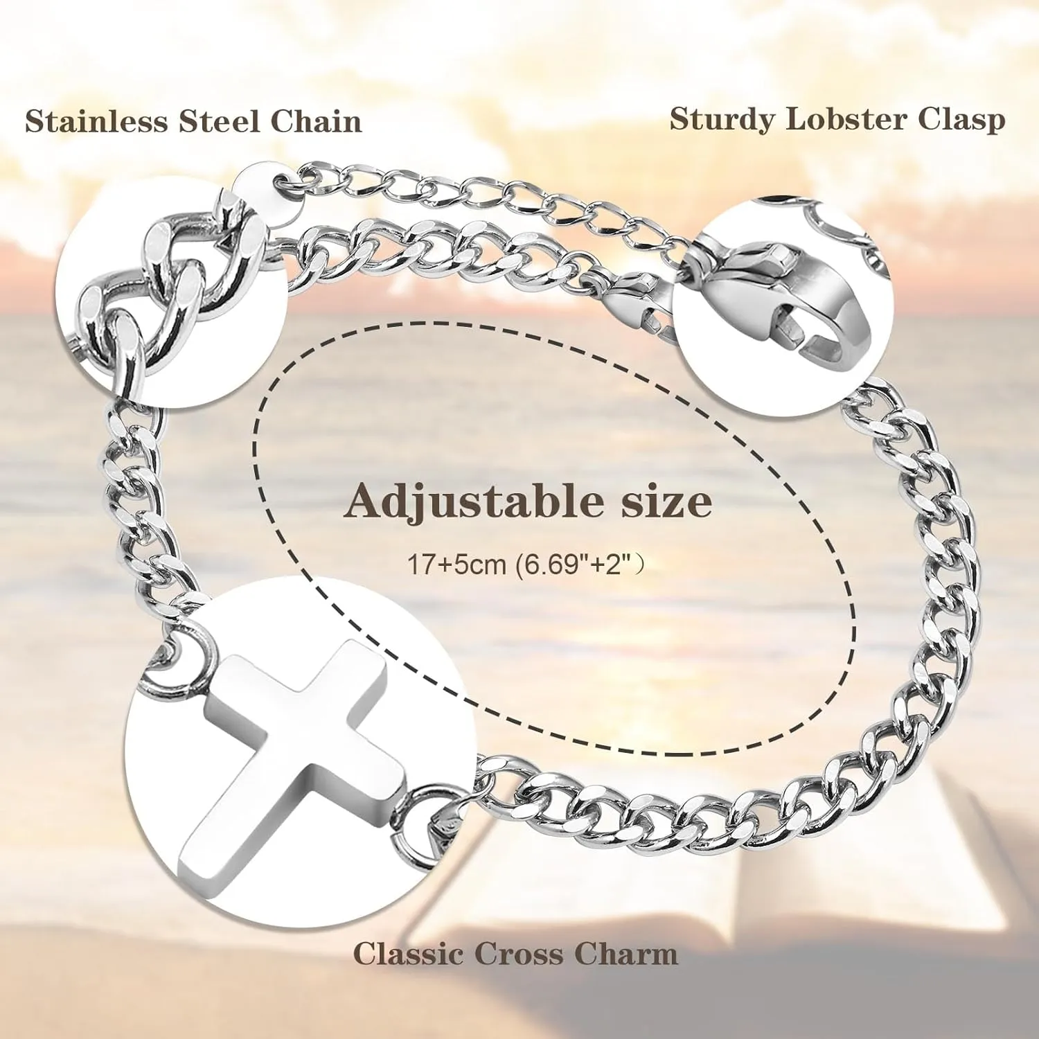 Cross Chain Bracelets for Men Women, Silver/Black Stainless Steel Cross Charms Men's Bracelet, Faith Religious Easter Catholic Christian God Jesus Communion Baptism Jewelry Gift Mens Link Bracelet