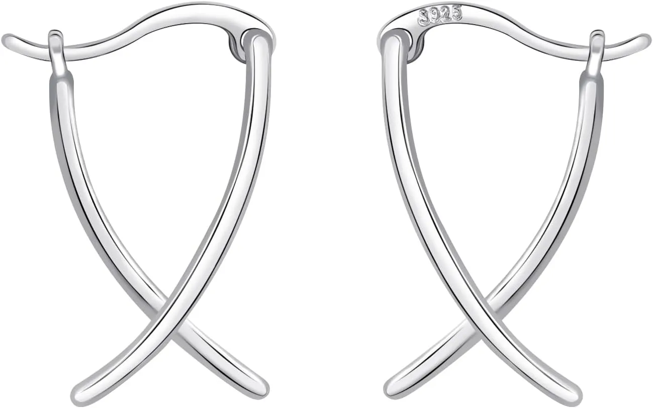 Cross Curved Earrings Minimalist X Shaped Silver Hoop Earrings for Women Geometric Earrings Handmade Earrings Hypoallergenic Earrings