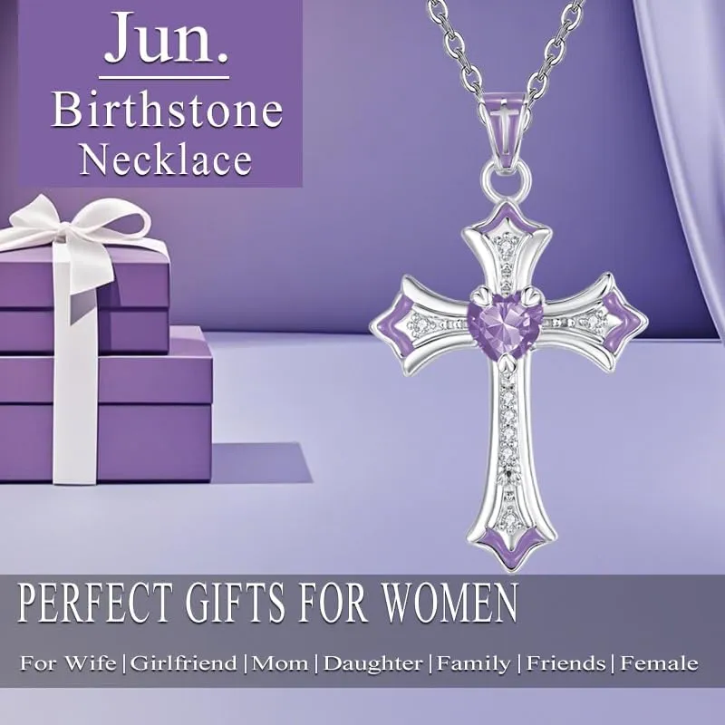 Cross Necklaces Heart Birthstone Birthday Gifts for Women, 18K White Gold Plated Crucifix Pendant Necklace Jewelry Religious Anniversary christmas Gifts for Wife Mom Her