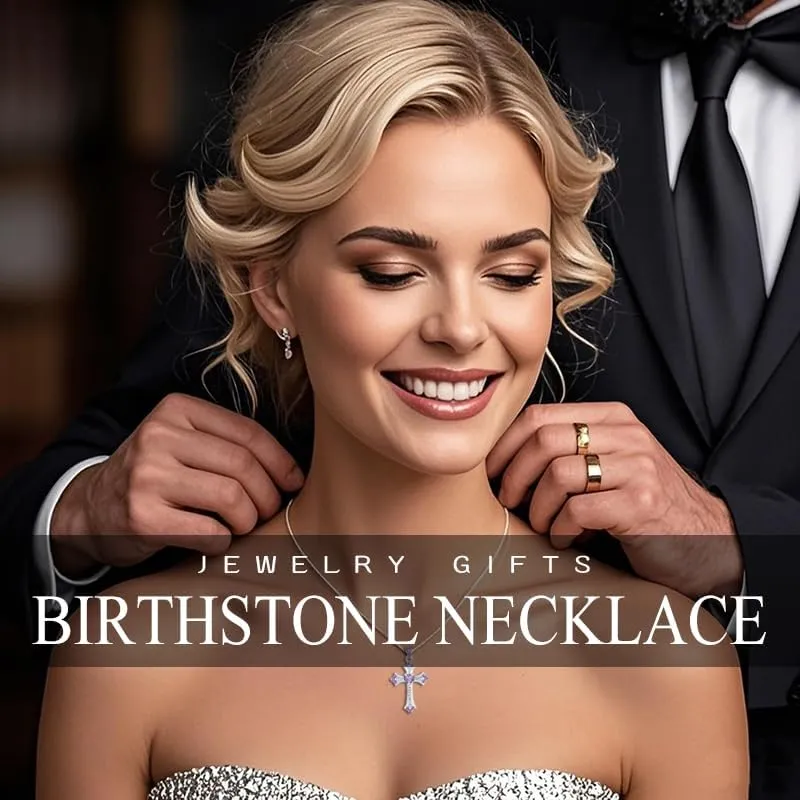 Cross Necklaces Heart Birthstone Birthday Gifts for Women, 18K White Gold Plated Crucifix Pendant Necklace Jewelry Religious Anniversary christmas Gifts for Wife Mom Her