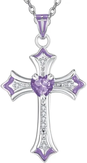 Cross Necklaces Heart Birthstone Birthday Gifts for Women, 18K White Gold Plated Crucifix Pendant Necklace Jewelry Religious Anniversary christmas Gifts for Wife Mom Her