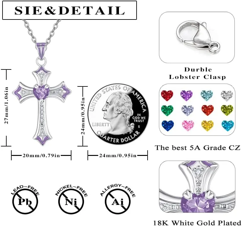 Cross Necklaces Heart Birthstone Birthday Gifts for Women, 18K White Gold Plated Crucifix Pendant Necklace Jewelry Religious Anniversary christmas Gifts for Wife Mom Her