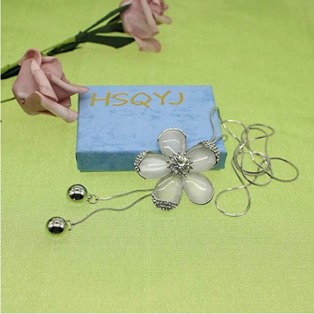 Crystal Flower Pendant Necklace Pretty Pearl Adjustable Long Sweater Necklace Fashion Jewelry for Women