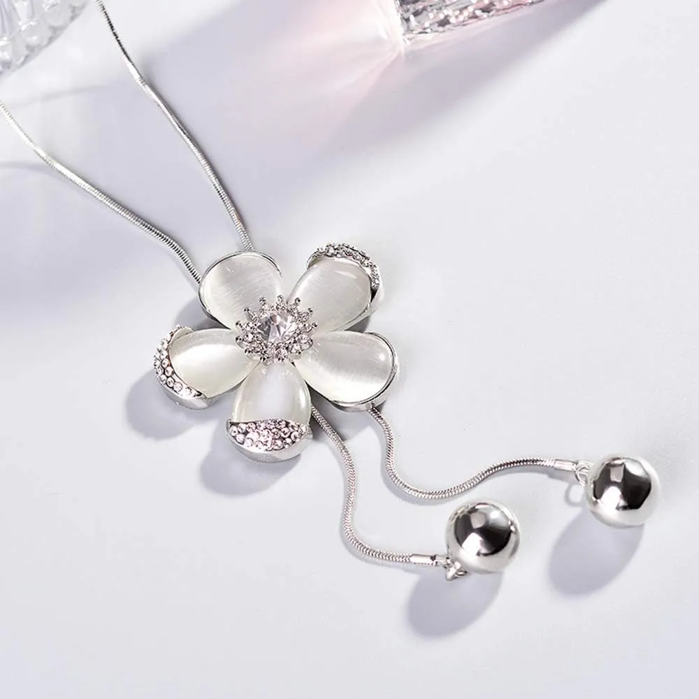 Crystal Flower Pendant Necklace Pretty Pearl Adjustable Long Sweater Necklace Fashion Jewelry for Women