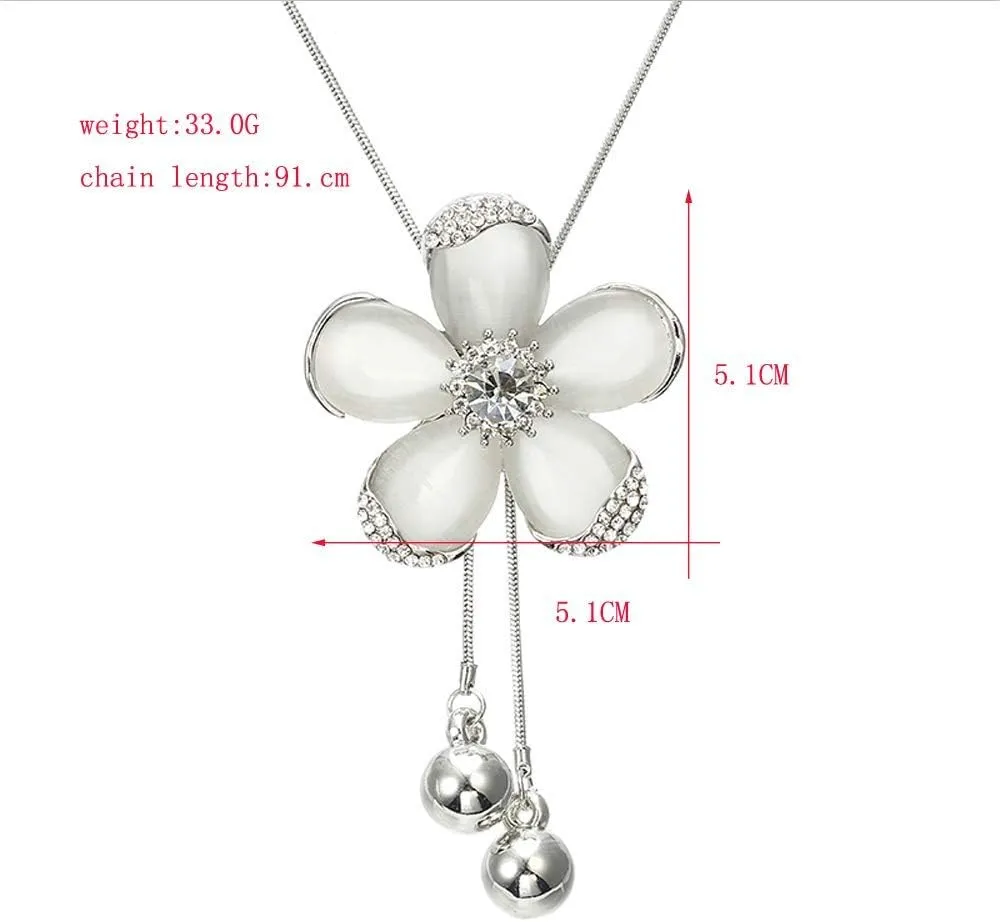 Crystal Flower Pendant Necklace Pretty Pearl Adjustable Long Sweater Necklace Fashion Jewelry for Women