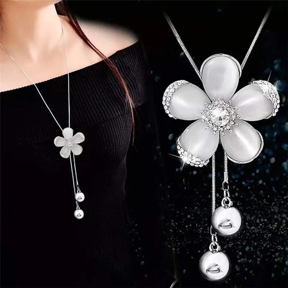 Crystal Flower Pendant Necklace Pretty Pearl Adjustable Long Sweater Necklace Fashion Jewelry for Women