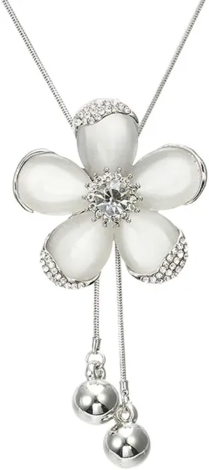 Crystal Flower Pendant Necklace Pretty Pearl Adjustable Long Sweater Necklace Fashion Jewelry for Women