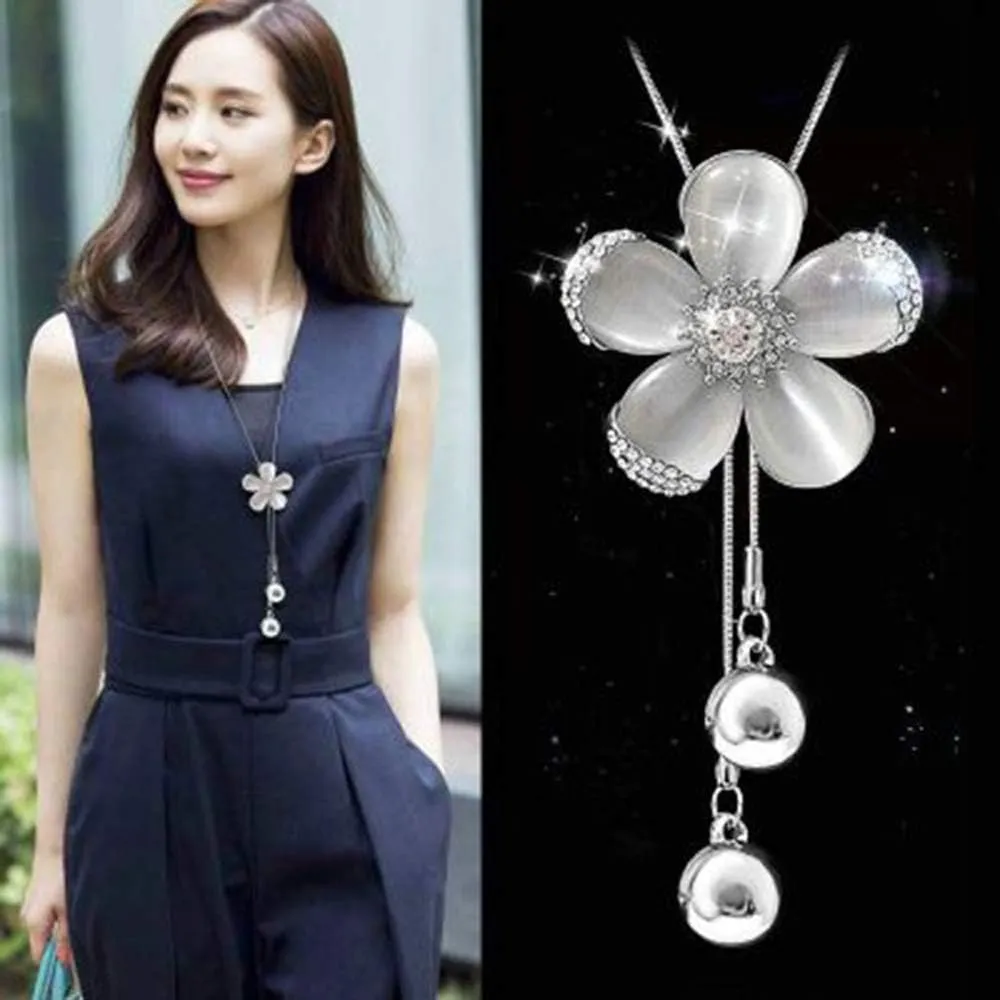 Crystal Flower Pendant Necklace Pretty Pearl Adjustable Long Sweater Necklace Fashion Jewelry for Women