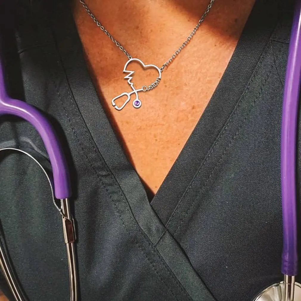 Custom4U Stethoscope Name Necklace Personalized Custom Nameplate Nurse Necklaces Chain 16" 2" Custmized Jewelry Graduation Gift for Nurse Doctor Medical Nursing Student