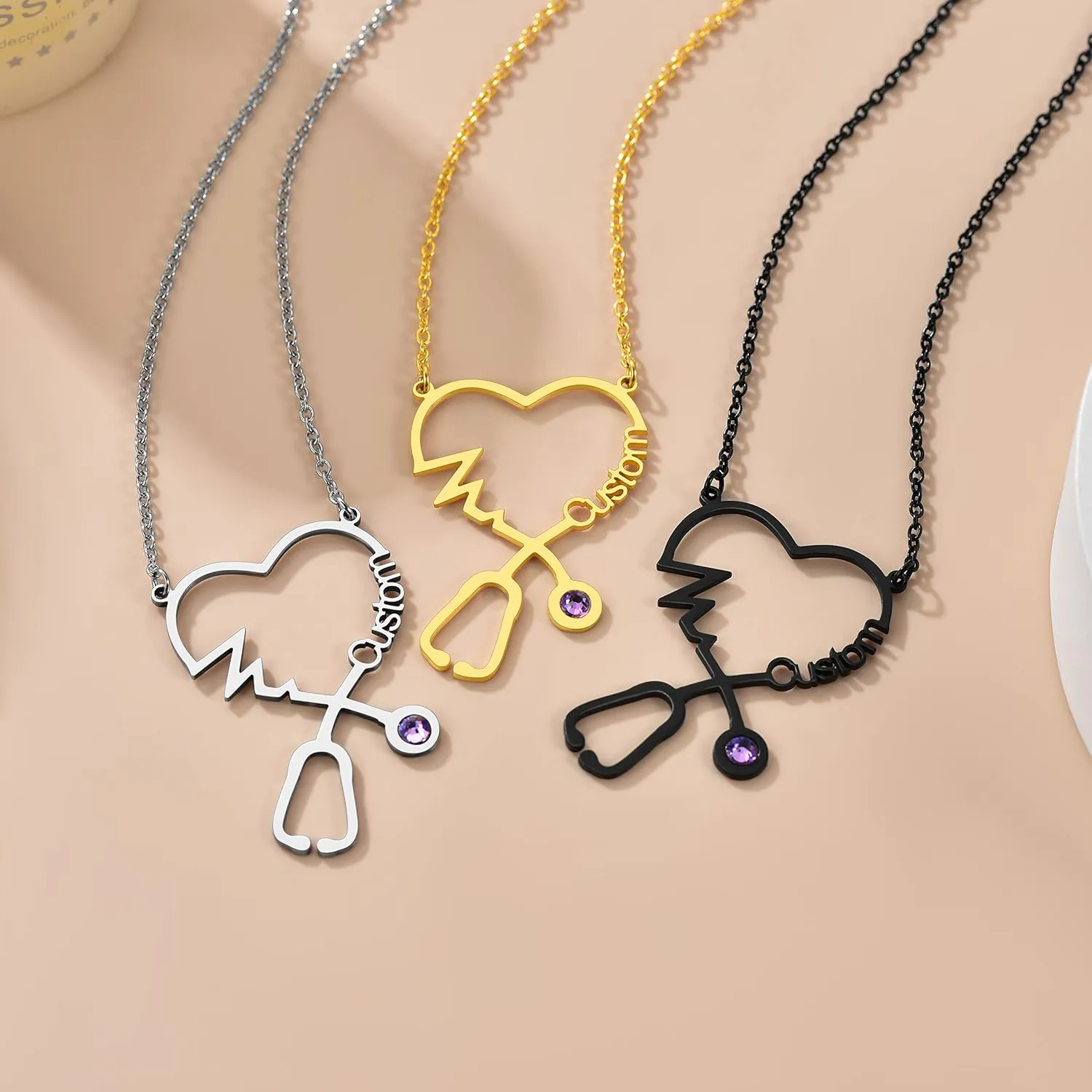 Custom4U Stethoscope Name Necklace Personalized Custom Nameplate Nurse Necklaces Chain 16" 2" Custmized Jewelry Graduation Gift for Nurse Doctor Medical Nursing Student